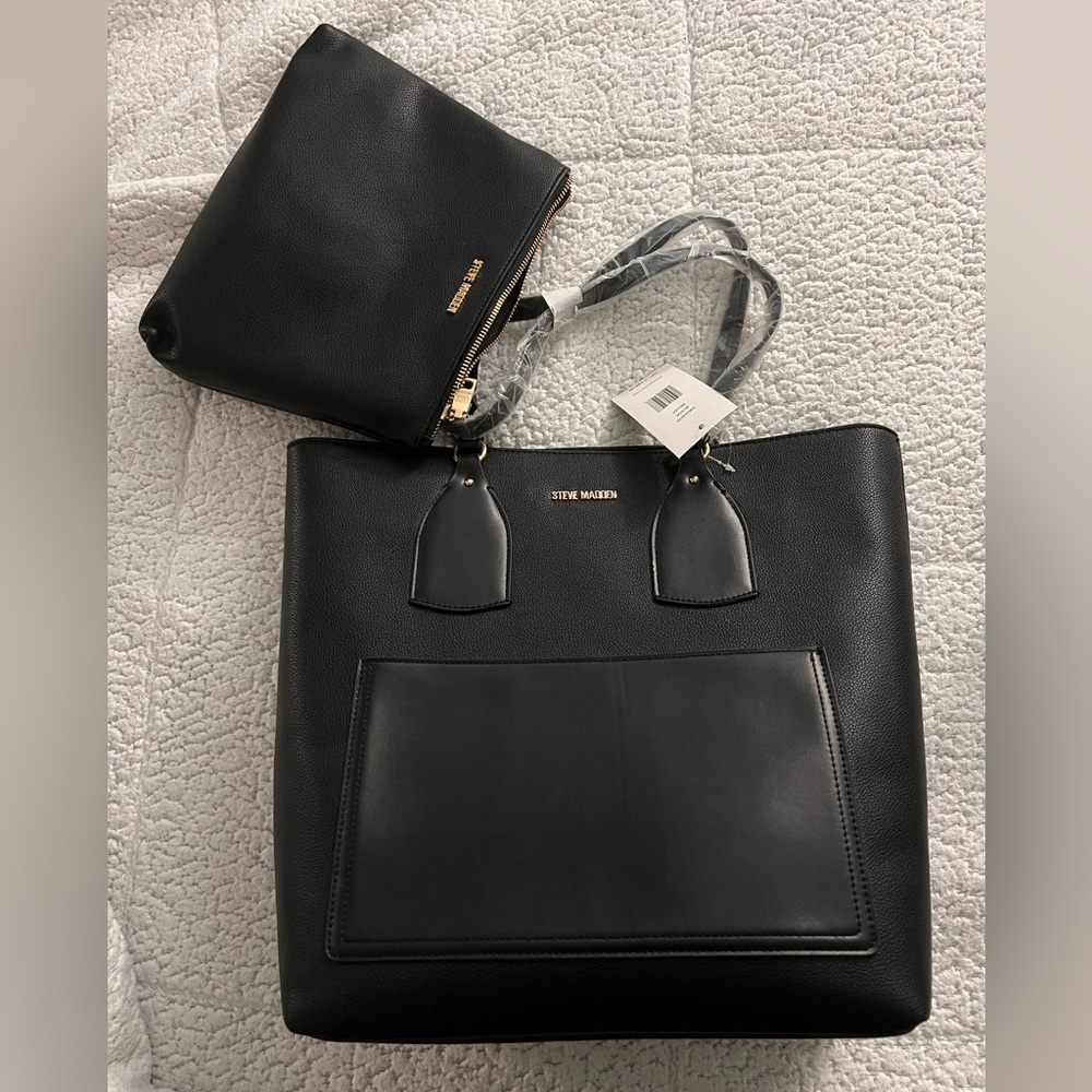 NWT 2 in 1 Steve Madden Black Leather Tote and Small Purse XL